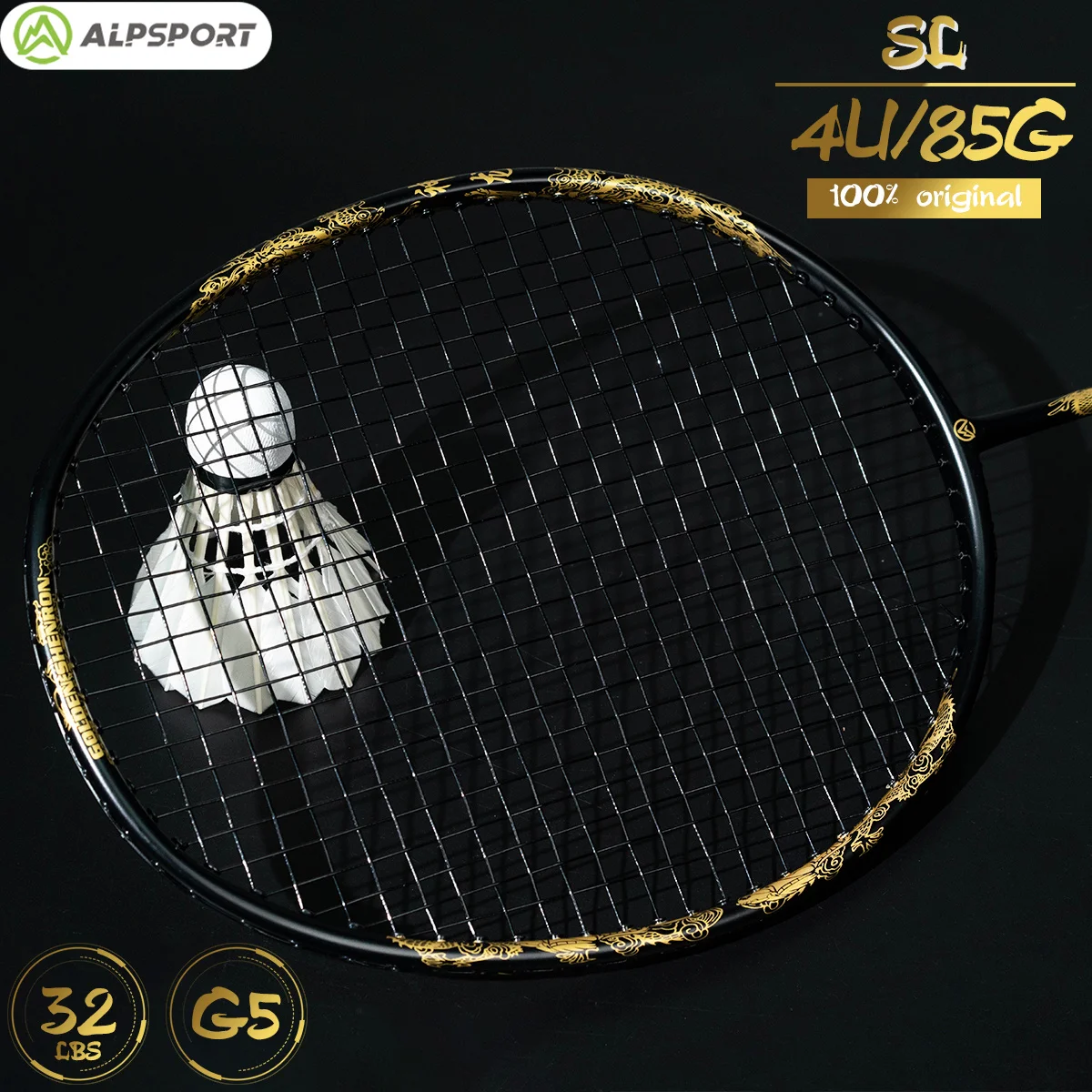 

Alpsport DRAGON 4U 26LBS Full Carbon Fiber Attack Badminton Racket New embossed gold and black color 100% original design Rocket