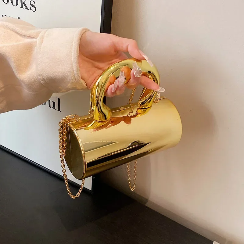 Cylindrical Handbag for Women 2024 New Metal Texture Fashion Senior Banquet Bag Shoulder Crossbody Small Square Bag design purse