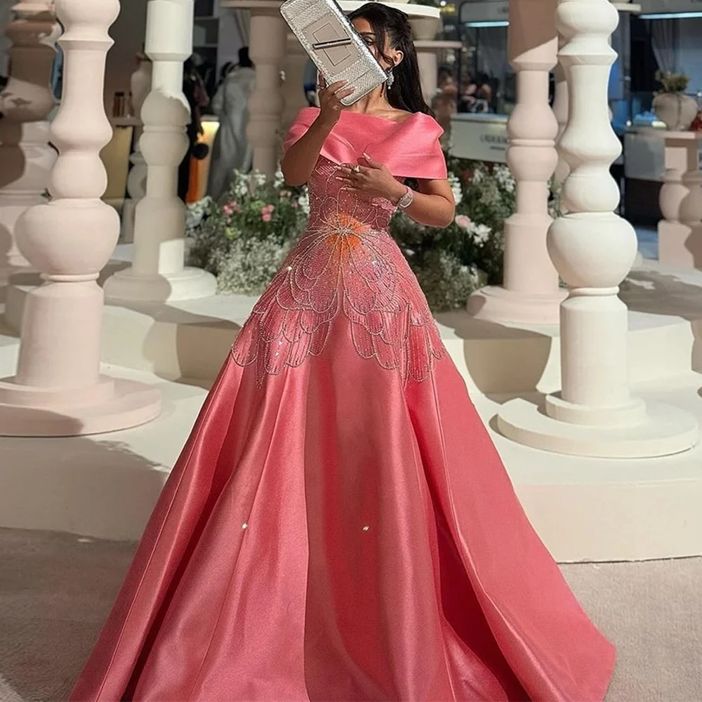 

Elegant Satin Evening Dress Customized Off the Shoulder Homecoming Dresses Modern Beading Sequined Special Occasion Gowns