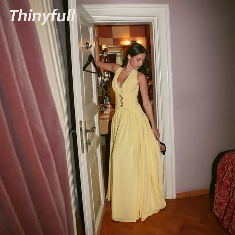 

Thinyfull A-line Chiffon Prom Dresses Sleeveless Halter Holiday Style Gown Long Evening Party Dress Robe De Soirée Customized