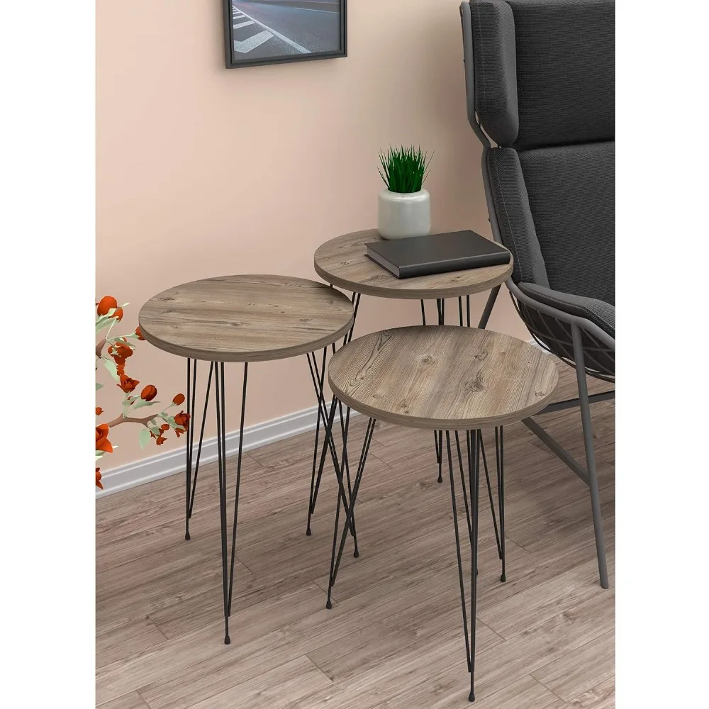 مجموعة طاولات متداخلة من خشب الصنوبر - 3 طاولات جانبية مستديرة قابلة للتكديس باللون الرمادي مع أرجل معدنية لمسات غرفة المعيشة #4
