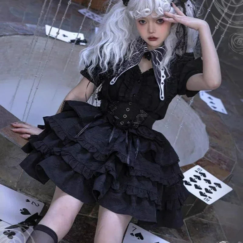 

Punk Style Rose Bow Sleeveless Bandage Strap Dresses Harajuku Y2k Party Mini Dress Japanese Victorian Gothic Lolita Dress Women