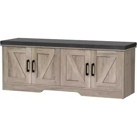Double-Deck Storage Shoe Bench, 47.2 Wide Padded Seat Entryway Furniture with 4 Barn-Style Doors and Adjustable Shelf, Grey