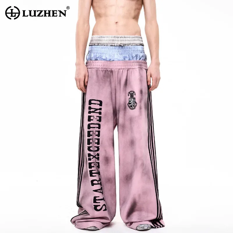 LUZHEN Fashion Personalized Splicing High Waist Straight Sports Casual Pants Men's 2025 Printed Stripe Wide Leg Trousers JY4552