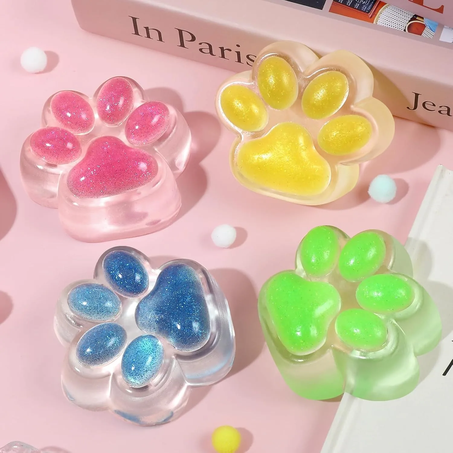 Squishy Cat Paw Squeeze Toys Ice Through Sparkling Powder Kawaii Stress Anxiety Relief Soft Sensory Toys for Adults Kids Teens
