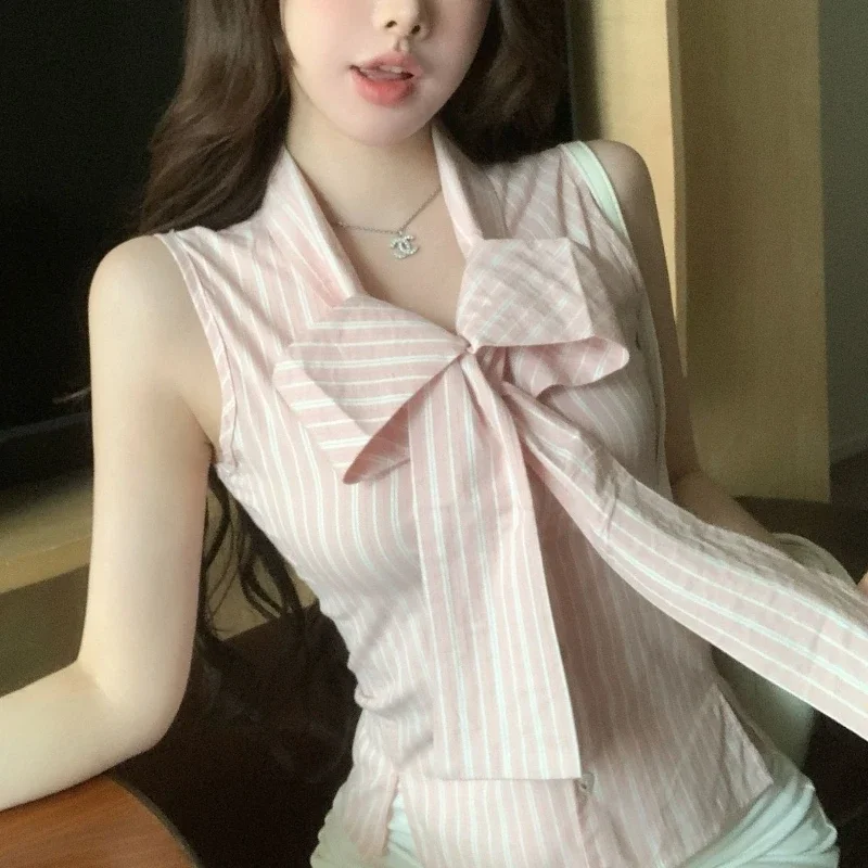 2024 New Summer Korean Edition Fresh and Minimalist Slim Fit Sleeveless Blouses Stripe Spliced Bow Button Women\'s Shirt Top