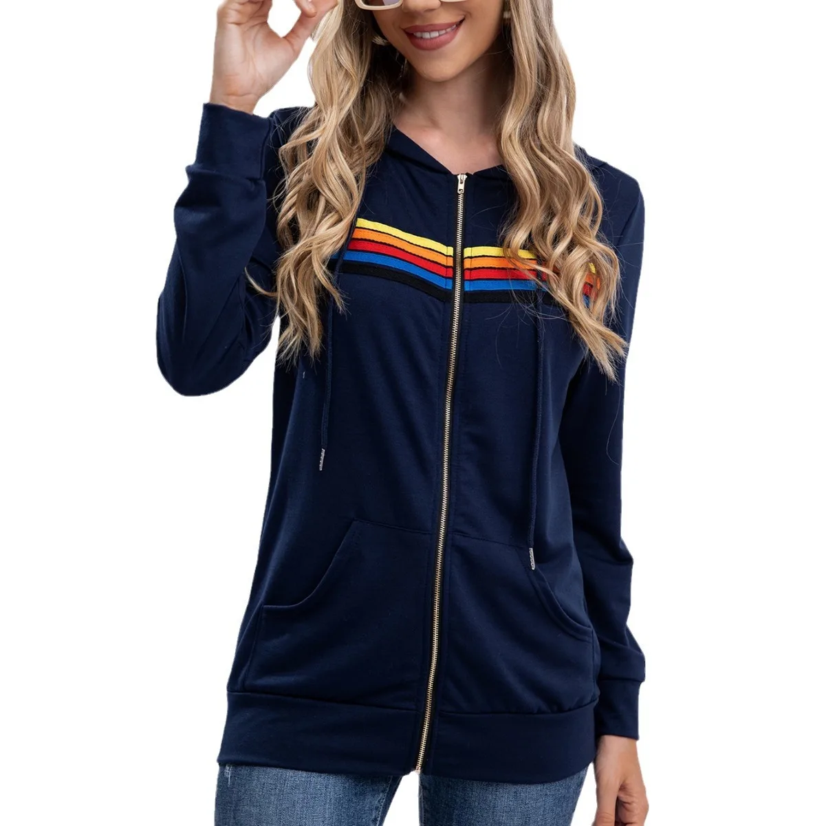 Women\'s Hooded Sweatshirt Casual Rainbow Printed Long Sleeved Zipper Coats 2024 Autumn Winter Fashionable Simple Retro Jacket