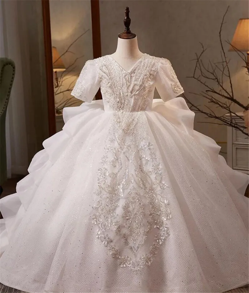 Vestido de baile de lujo para niña de las flores para boda, corsé trasero con tren largo, vestido de princesa para niño, vestido de primera comunión