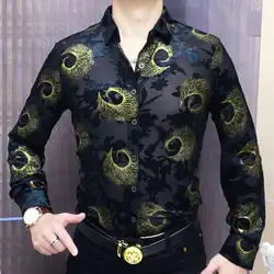 Black Gold Soft Velvet Slim-fit Men Clothing Nightclub Long Sleeved Sexy Shirt See Through Top Quality Transparent Floral Shirt