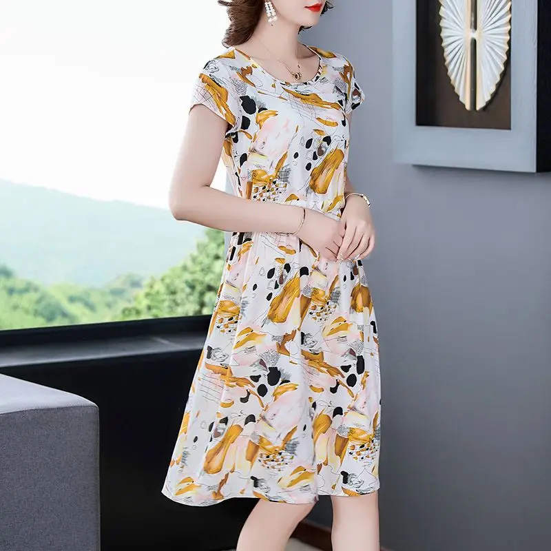 패션 오-넥 인쇄 셔링 붕대 활 꽃 드레스 여성 의류 2024 여름 새로운 느슨한 사무실 레이디 짧은 소매 드레스