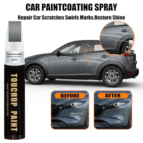 Car Touch up Paint(Polymetal Gray Metallic 47C) Compatible with Mazda, Car Paint Pen Scratch Repair Two-In-One Touch Up Paint