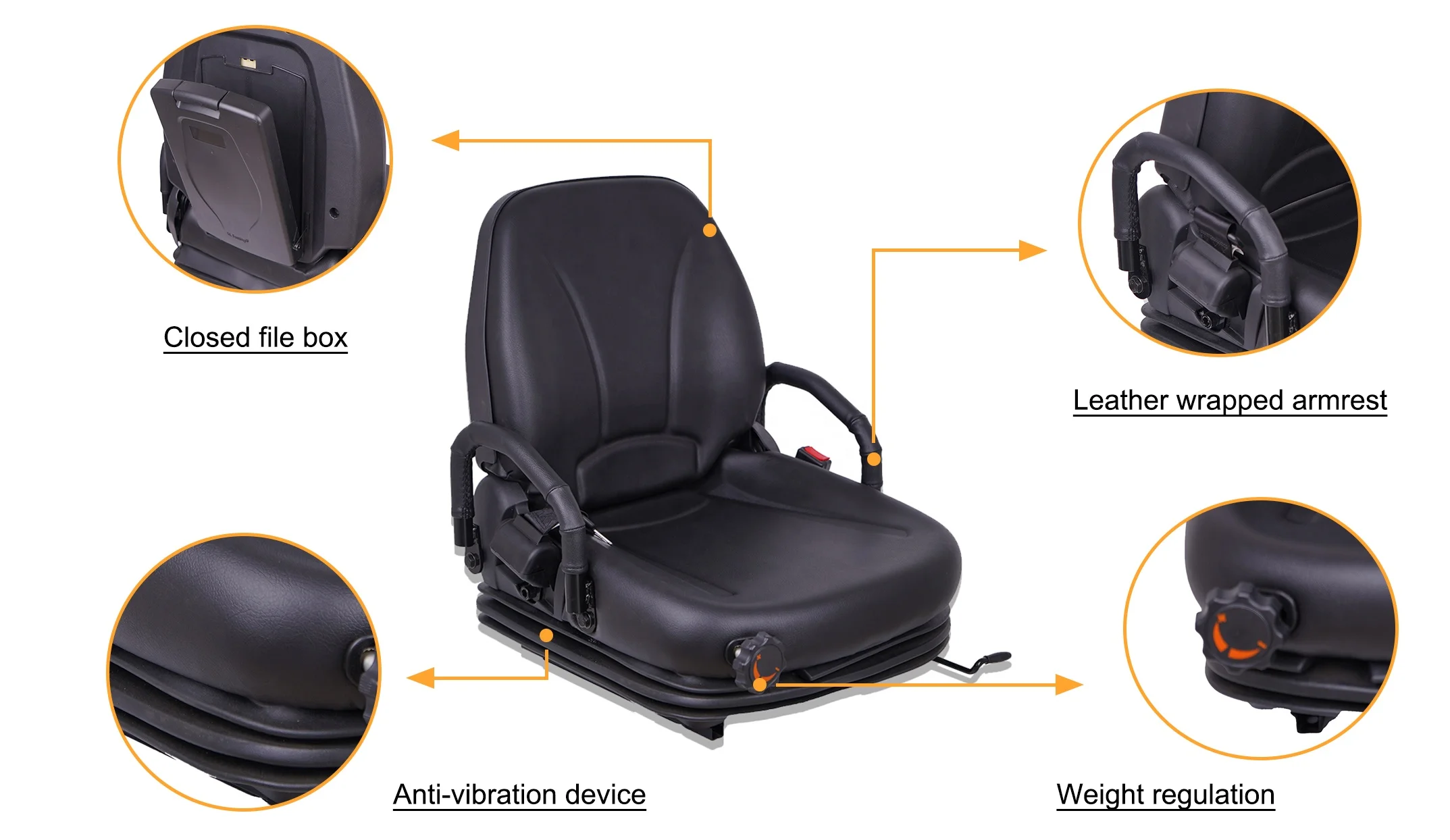 Adjustable Black PVC Forklift Seat with Armrest Universal Driver Seat Replacement for Industrial Construction Machinery Pro