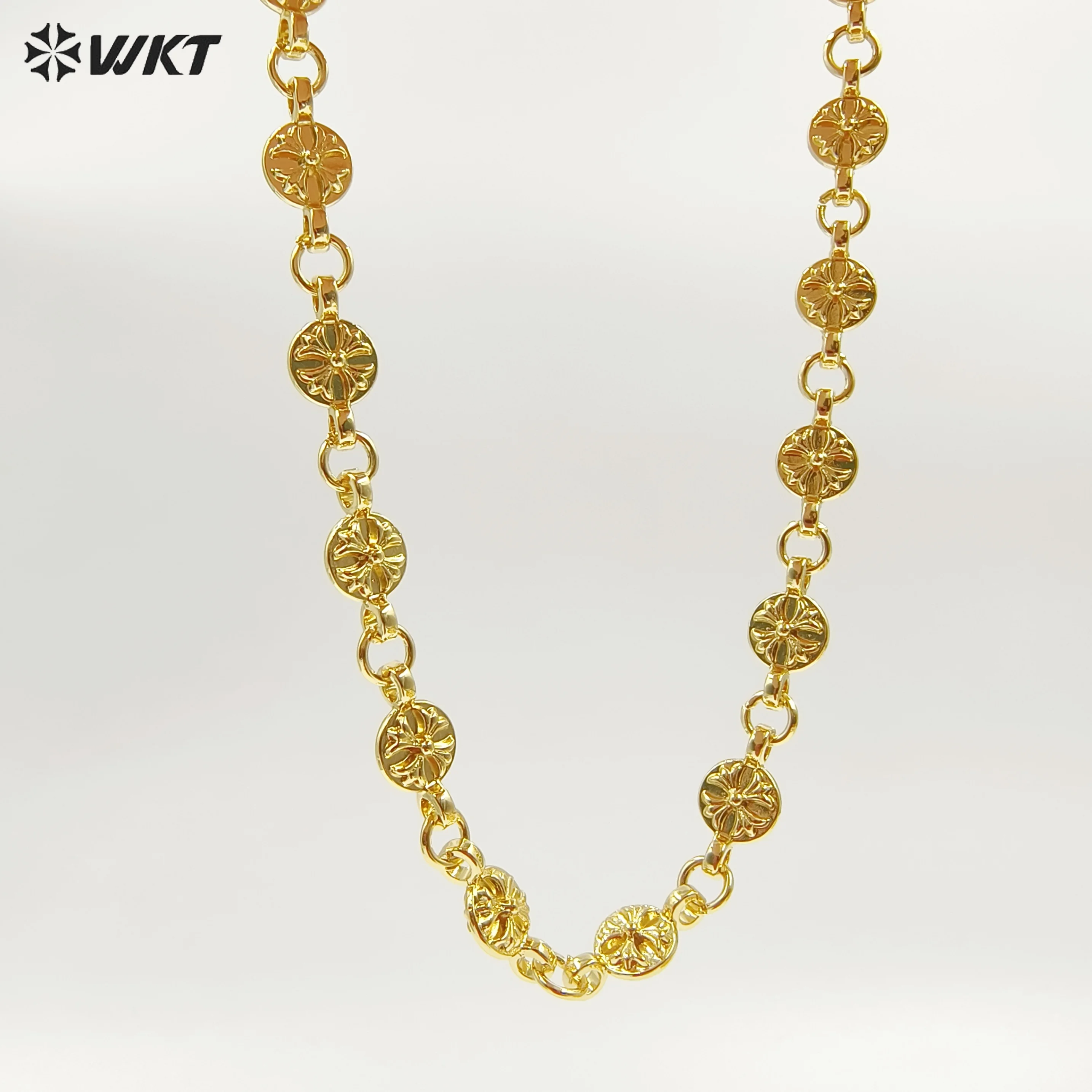 

WT-BC250 New Style With Flower Engarved Tiny Charms Chain Necklace Meters For Sale Yellow Brass Handmade Fine Accessory