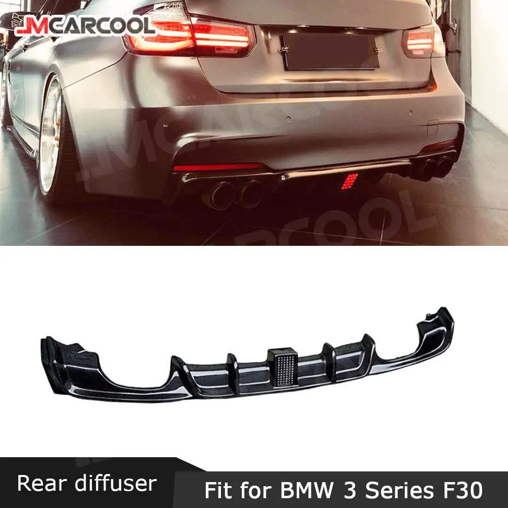 Carbon Fiber Rear Bumper Lip Diffuser For BMW 3 Series F30 F35 M Sport 2012-2018 Four Outlet Exhaust Tips Guard With LED Light