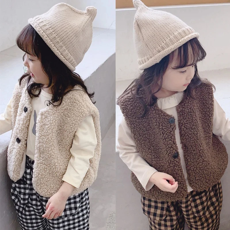 Girls Boys Autumn Winter Plush Vest Baby Plus Velvet Waistcoat Single Breasted V Neck Child Warm Fashion Warm Teddy Hair Coat