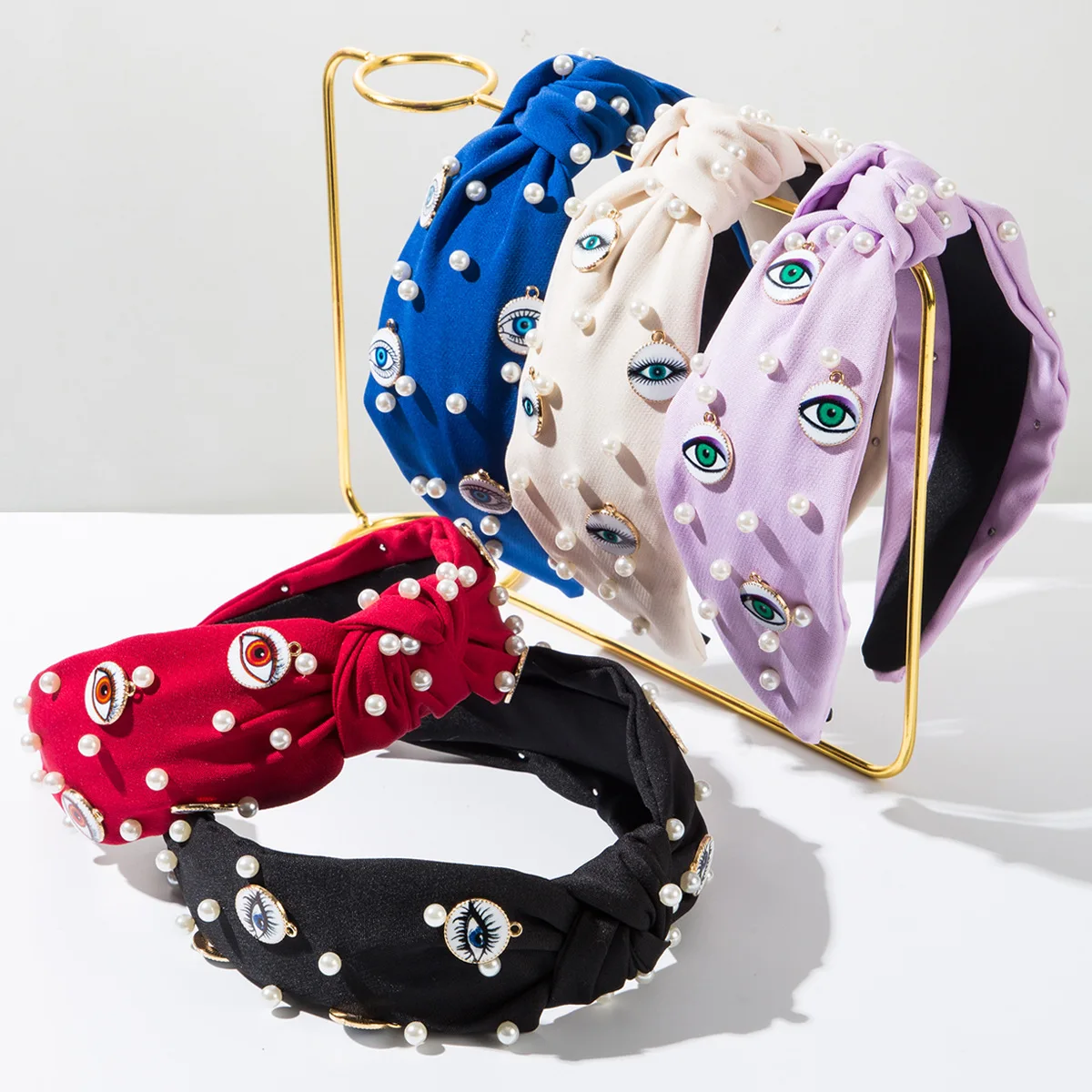 

Korean temperament fabric headband nails pearl round devil's eye accessories headband fashion wide edge knotted hair accessories