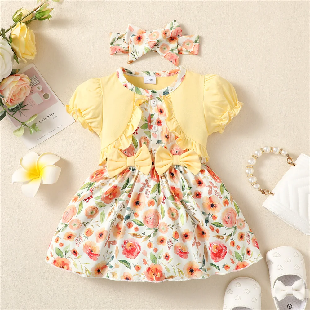 Toddler Girl Baby Bubble Sleeve Flower Bow Princess Dress and Headband Suitable for 0-24 Month Cute Girl Baby Birthday Dress