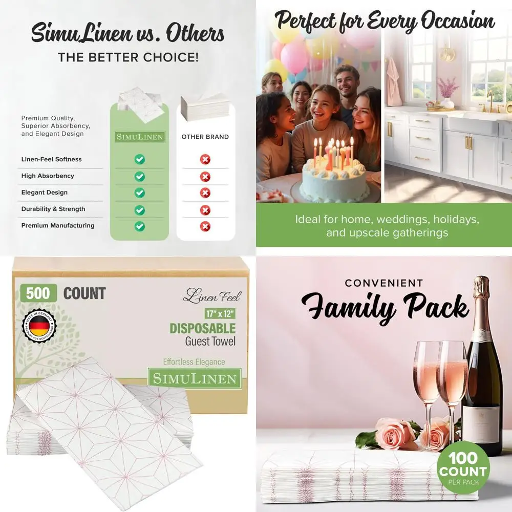 

Rose Gold Geometric Patterned Disposable Paper Towels, Soft, Single-Use, Linen Feel, 12x17, 500 Count, German Made