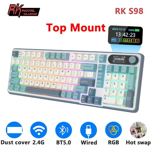 Teclado Mecánico RK ROYAL KLUDGE S98 Español Gaming 98 Teclas RGB Backlit - Top Mount, Pantalla TFT, Inalámbrico BT5.0/2.4G/USB-C + Hot Swappable