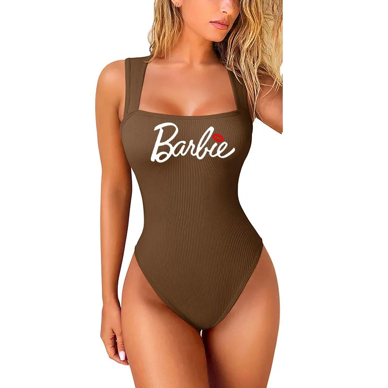 European American Hot Girls Sexy Slim Barbie Printed Jumpsuit Comfortable Nude Stretchy Figure-Shaping Sleeveless Vest for Women