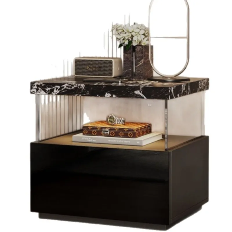 Italian minimalist rock slab bedside table, high-end bedroom black suspended home design niche bedside table
