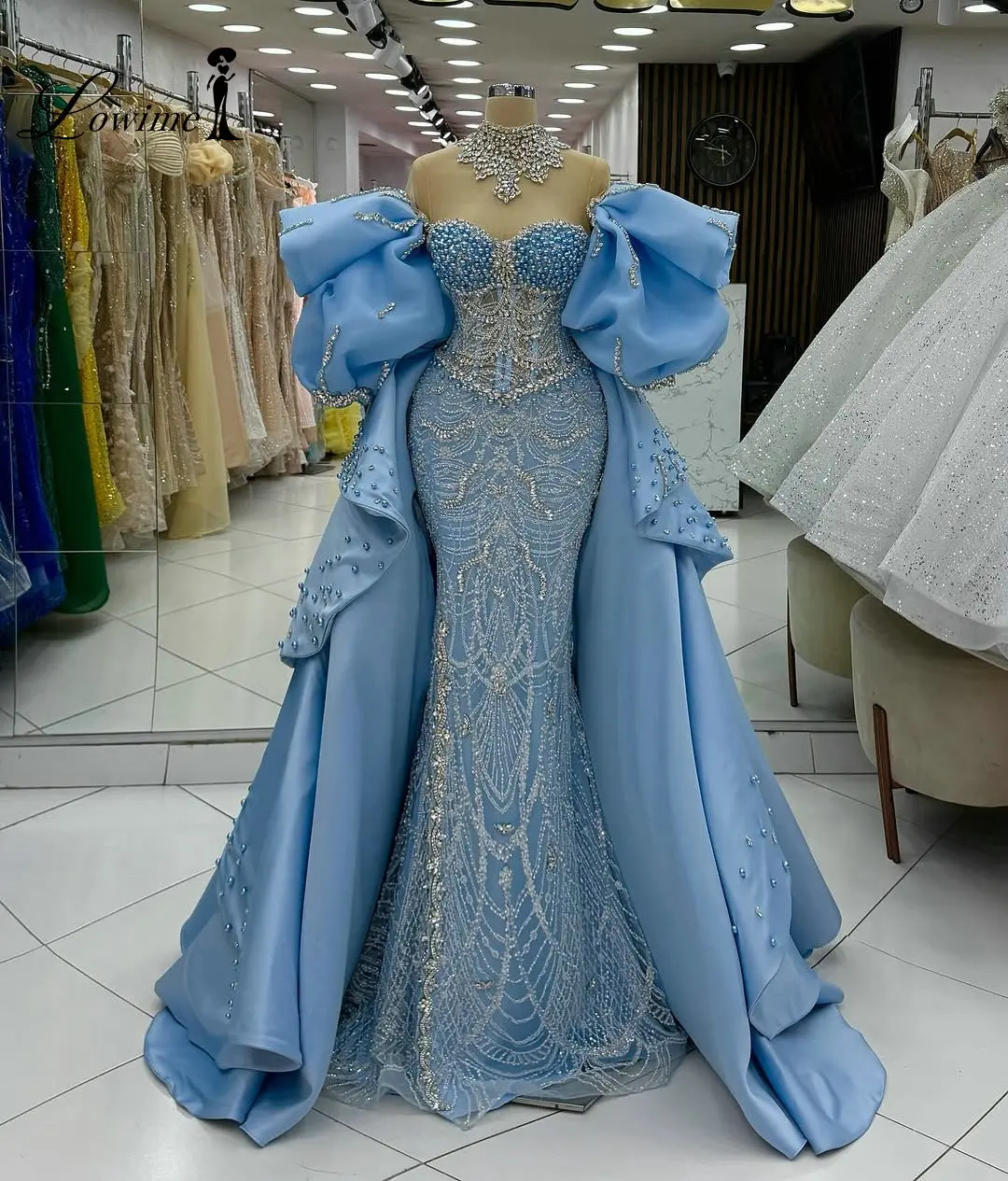 

Вечерние платья 2026 года синего цвета, с короткими рукавами, силуэт «русалка», со съемным шлейфом, украшенные кристаллами и жемчугом, для официальных мероприятий и свадеб, на заказ