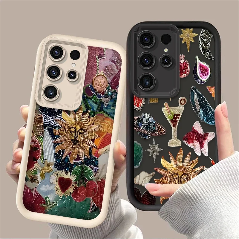 Retro Art Sun Planet Cocktail Case for Samsung Galaxy S25 S24 S23 Ultra S22 S21 Plus FE 5G A54 A34 A14 A73 A53 A33 5G Silicone