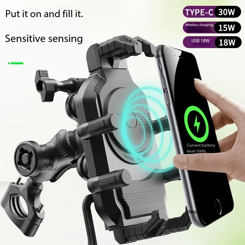 

Anti Vibration Motorcycle Wireless Charging Cradle Fast Charger Removable Rearview Mirror Phone Holder Sunshade Handlebar