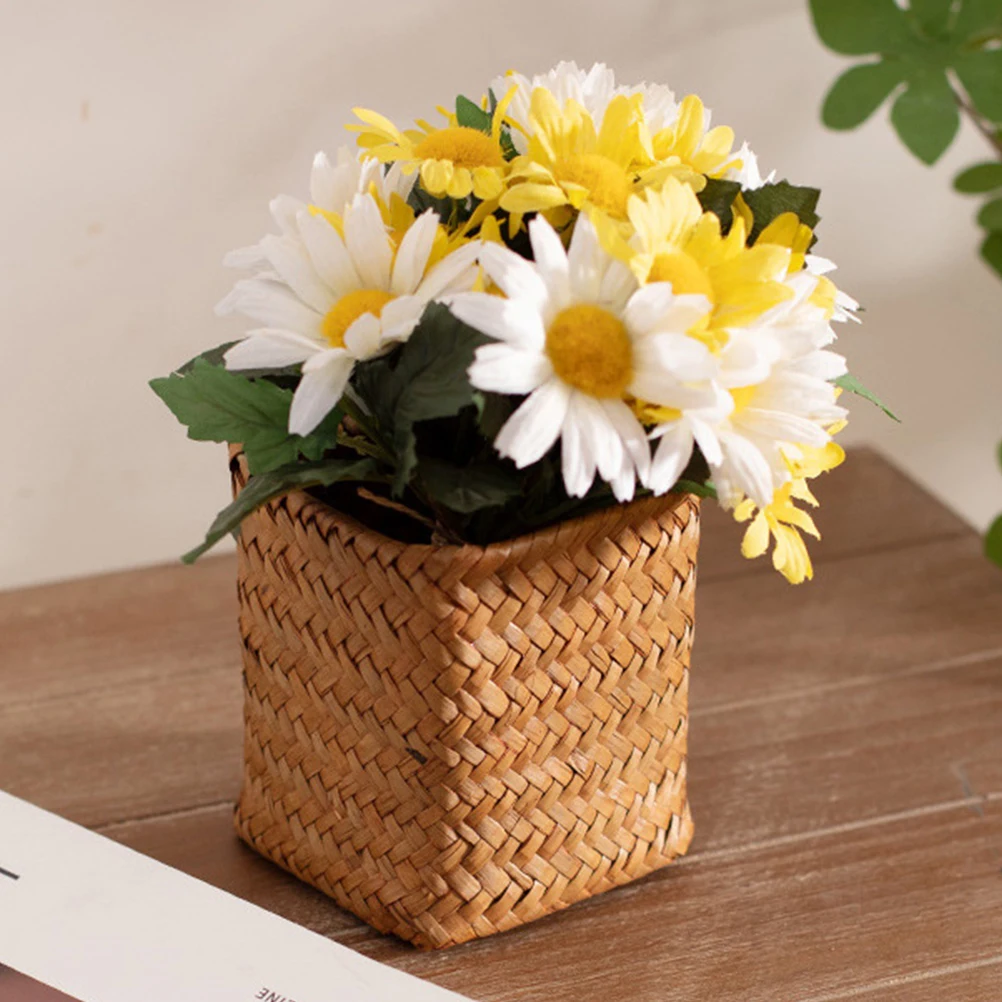 

1pcs Pen Holder Straw Woven Pencil Cup Desk Organizer Cutlery Holder Makeup Brush Bucket Orange Multi Compartment Storage