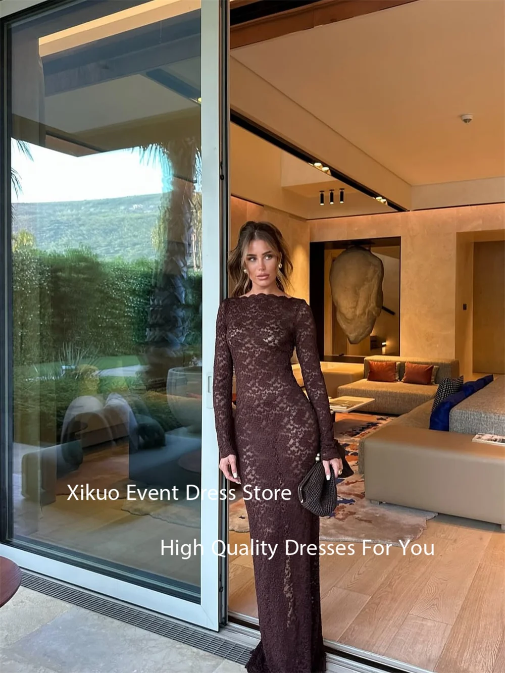 Xikuo Abiti lunghi sexy in pizzo marrone Abiti da sera Appliques Abiti aderenti De Verano 2025 Abiti da festa di alta qualità personalizzati