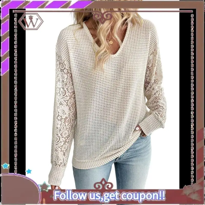 

A95D-Womens Long Sleeve Shirts V-Neck Lace Tops Business Casual Blouses Tee Trendy Fall Fashion Outfits Clothes Apricot S