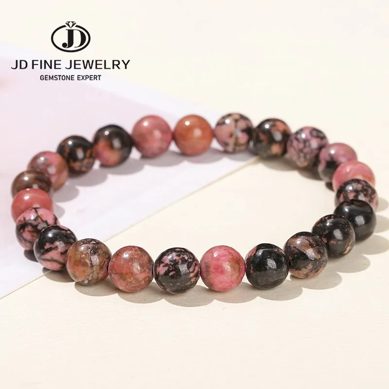 JD Natural Stone Black Line Red Rhodochrosite Beads Bracelet Women Charms Yoga Meditation Amulet Strand Bangles Vintage Jewelry