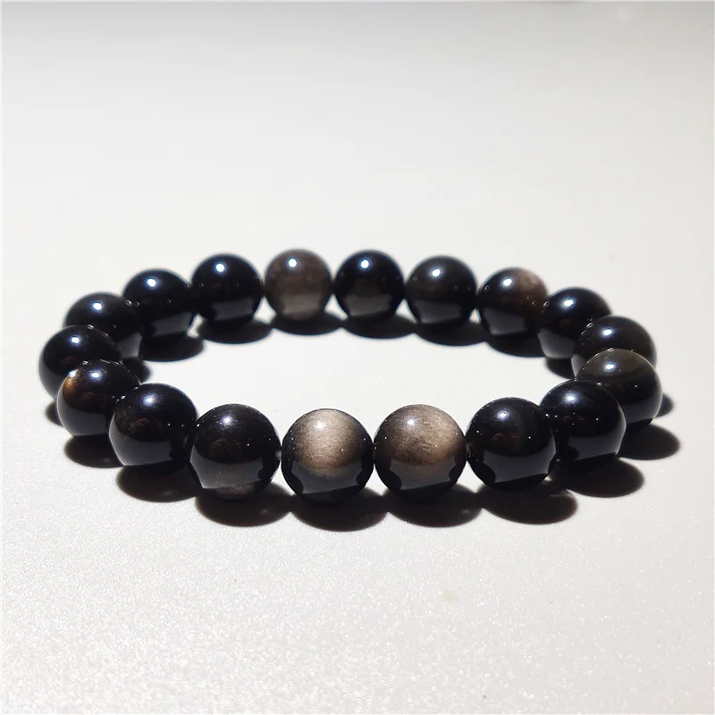 HealthLeakage Detection Natural Obsidian Ball Bracelet Silver Cat's Eye Men's and Women's Lovers' Gift Accessories Buddha Beads