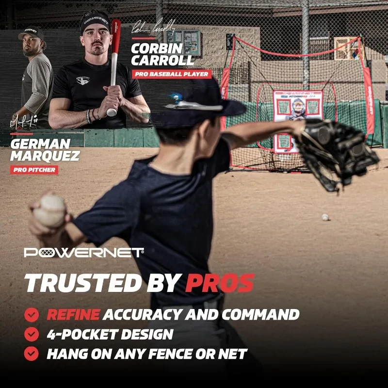 

PowerNet Pitching Pad,4 Pocket Baseball Softball Training Equipment with 7x7 FT Baseball Net, Pitch Trainer for Hanging in Cages