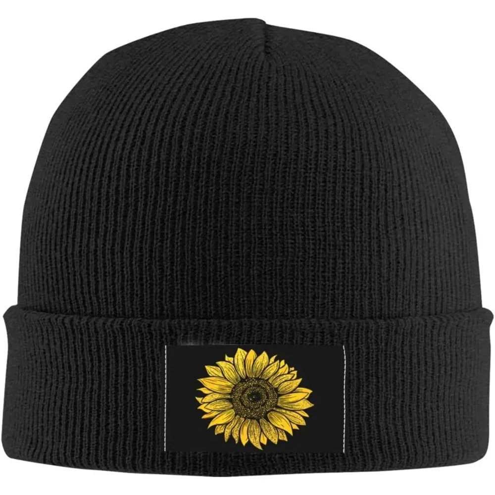 Gold Glitter Sunflower Beanie Hats Men Warm Hats Womens Knit Stocking Hats Skull Cap Black