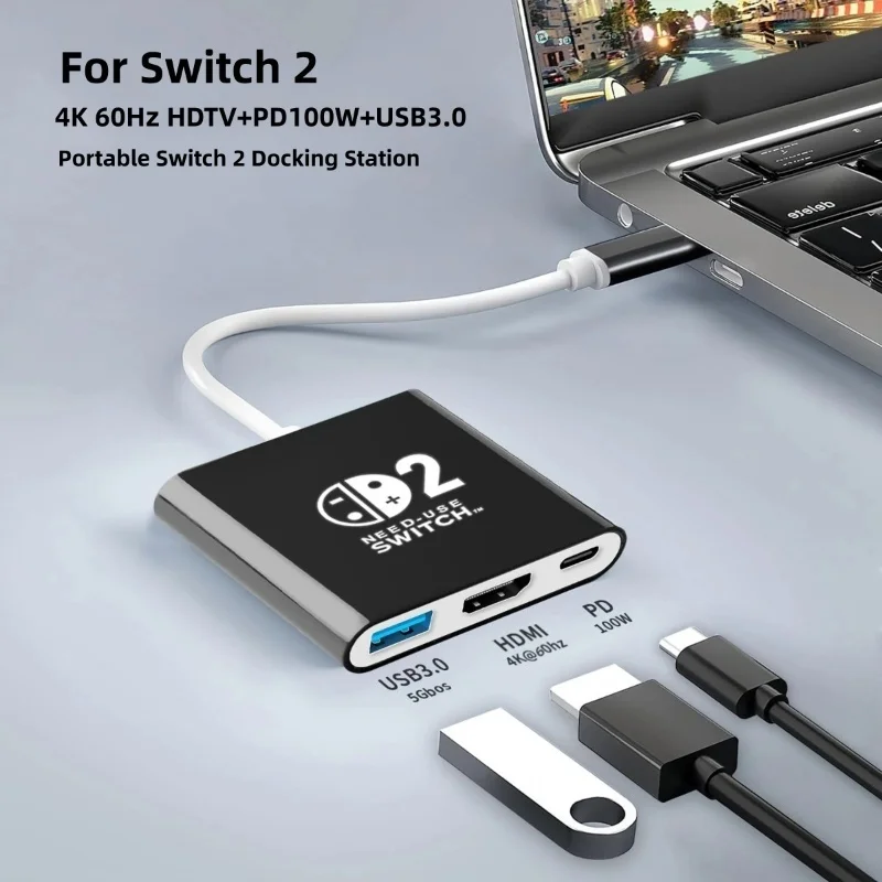 Switch 2 Dock HDMI 4K USB 3.0 Hub Adapter USB Splitter TV Portable Docking Station for NDS Switch2 Laptops PC iPad MacBook Air P