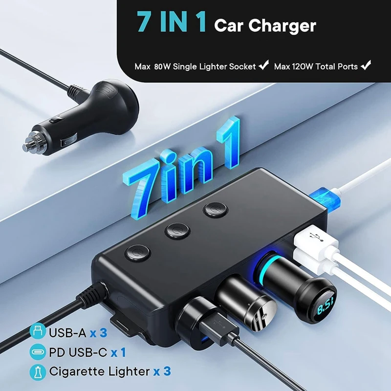 7 In 1 Car Cigarette Lighter 1 To 3 4USB Independent Switch QC3.0/Pd Fast Charge 120W Power Band Display, Durable