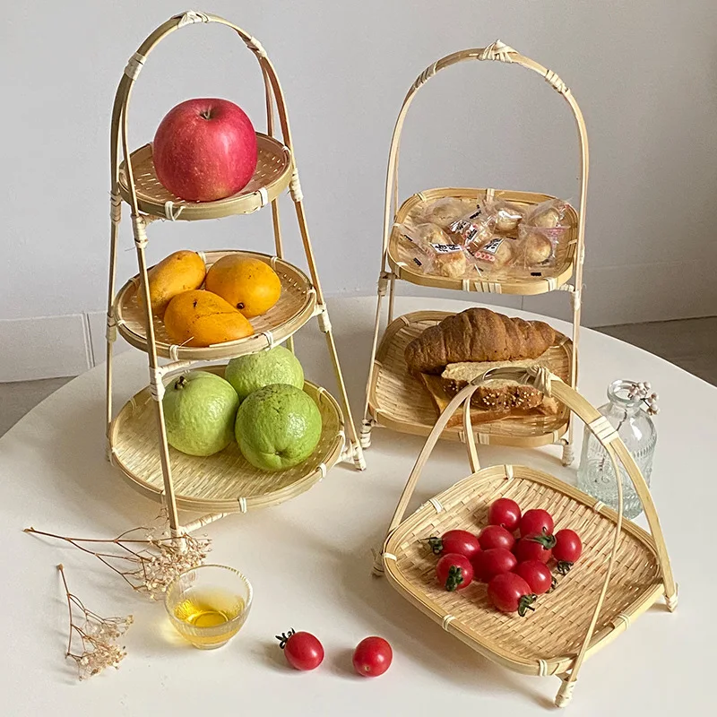 Withered Bamboo woven small basket round square tea cake dried fruit snack Dim sum multi-layer bamboo storage basket bamboo prod