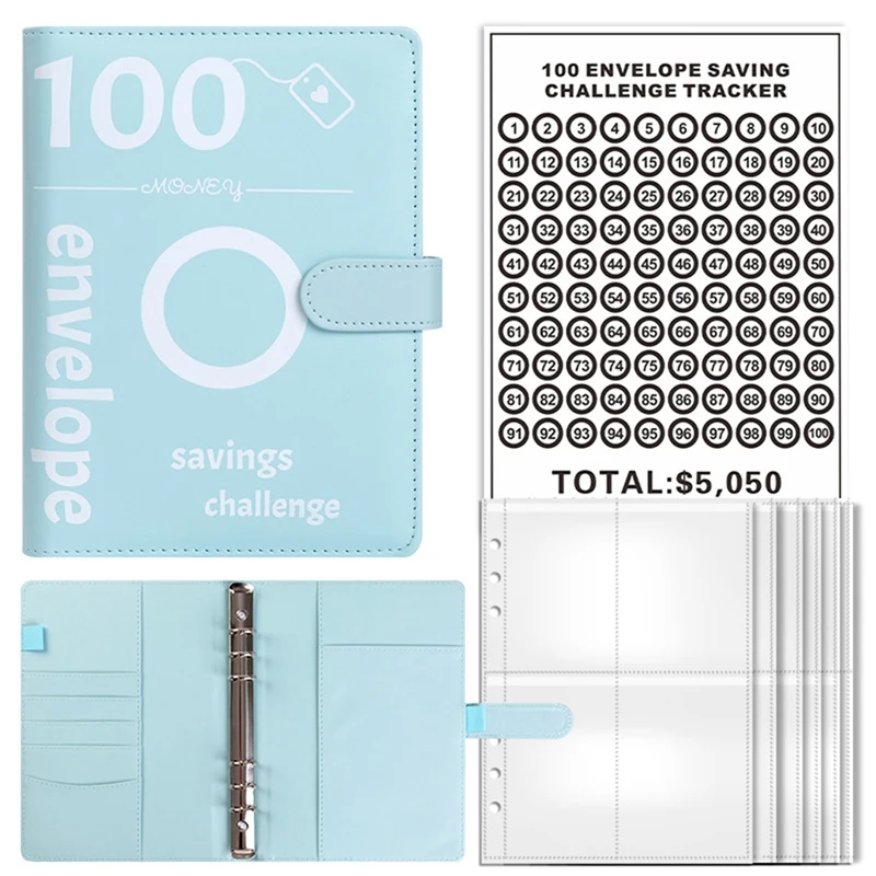 100 Envelopes Saving Money Challenge Binder, A5 Savings Binder With Cash Envelopes For Planning And Saving Blue Easy To Use