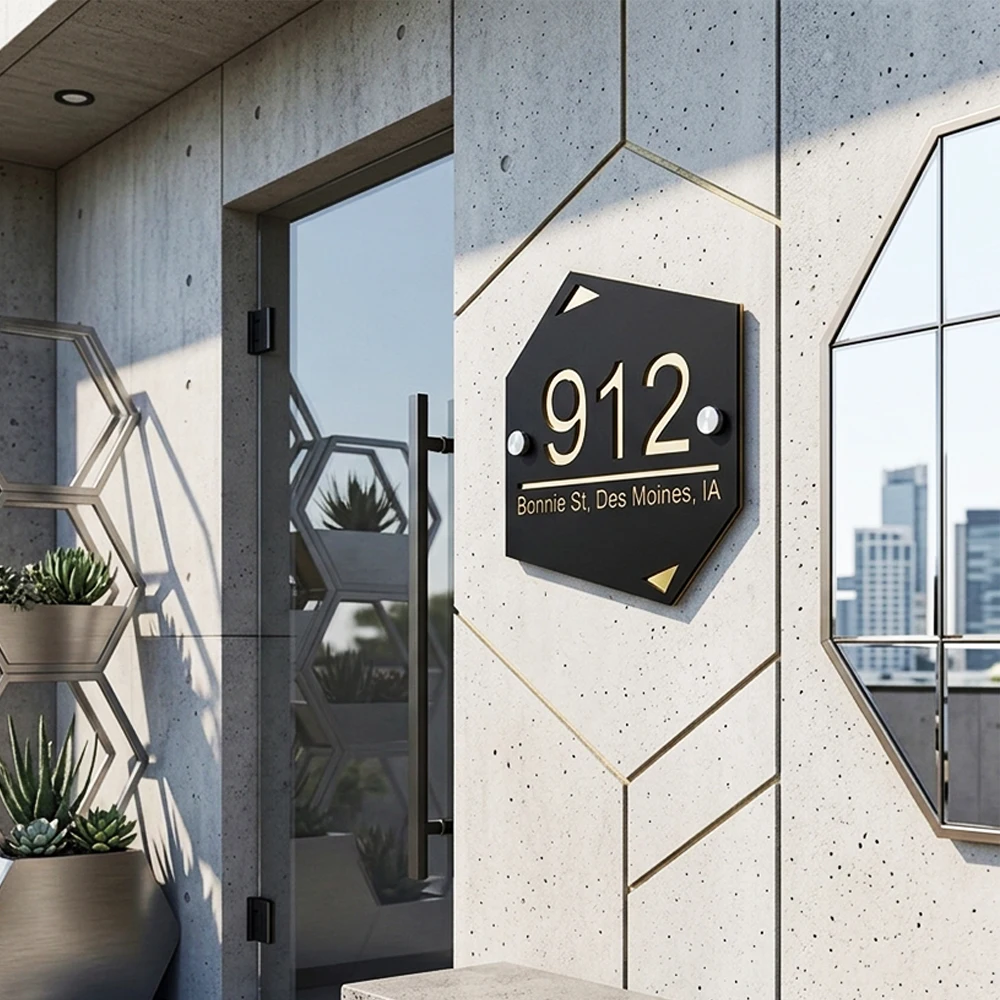Geometric House Sign Custom Address Plaque Dual-Layer Gold Acrylic Door Plate Personalized Street Name Marker for Home Decor