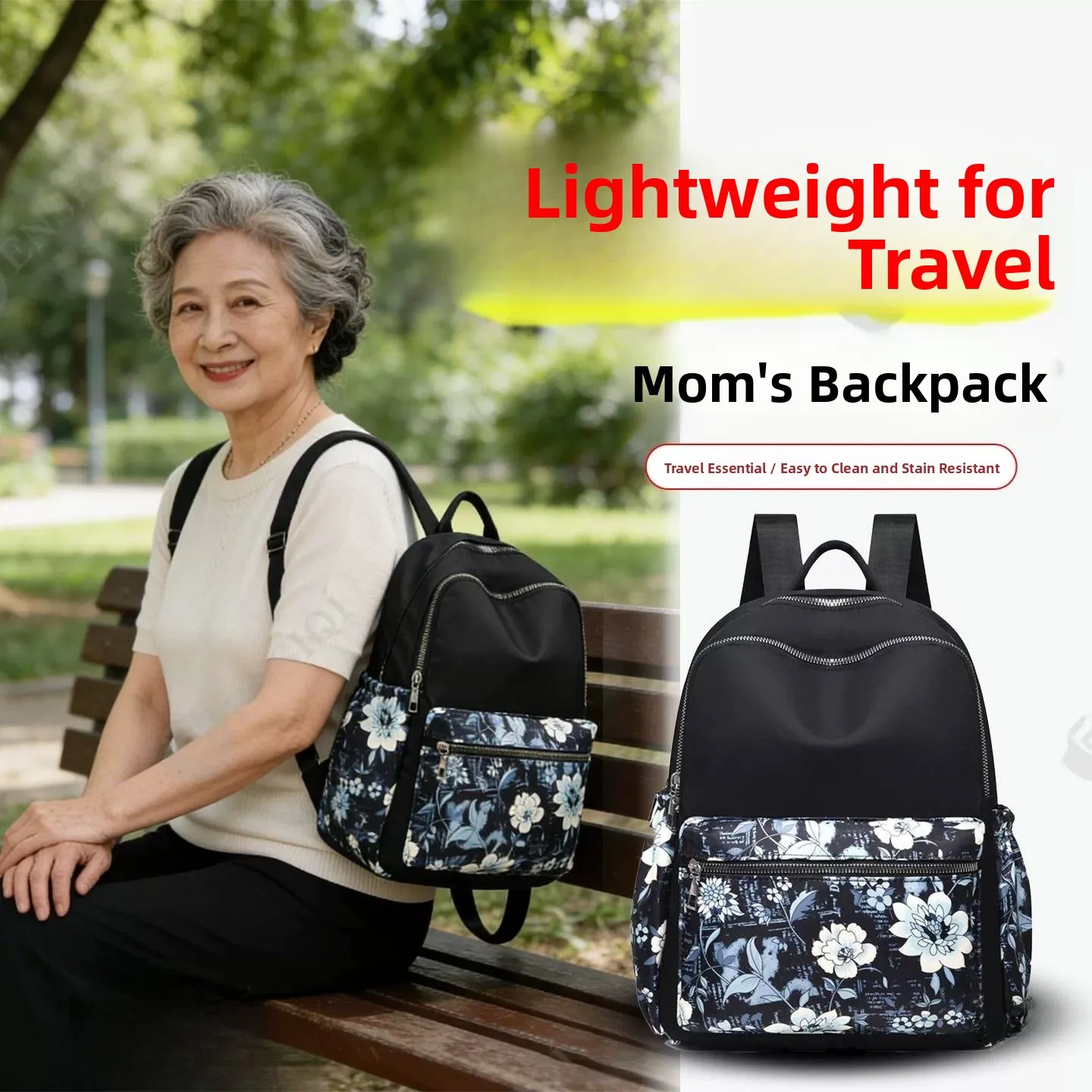 Large Capacity Waterproof Travel Shoulder Bag for Women Elderly Travel Lightweight Backpack Soft Square Shape Inner Patch Pocket