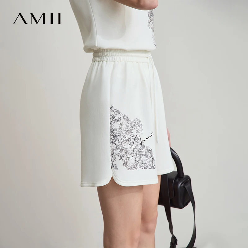 AMII Minimalist Casual Shorts for Women 2026 Summer Print Sports Style Short Pants Female Knitting Straight Pant Woman 12522004