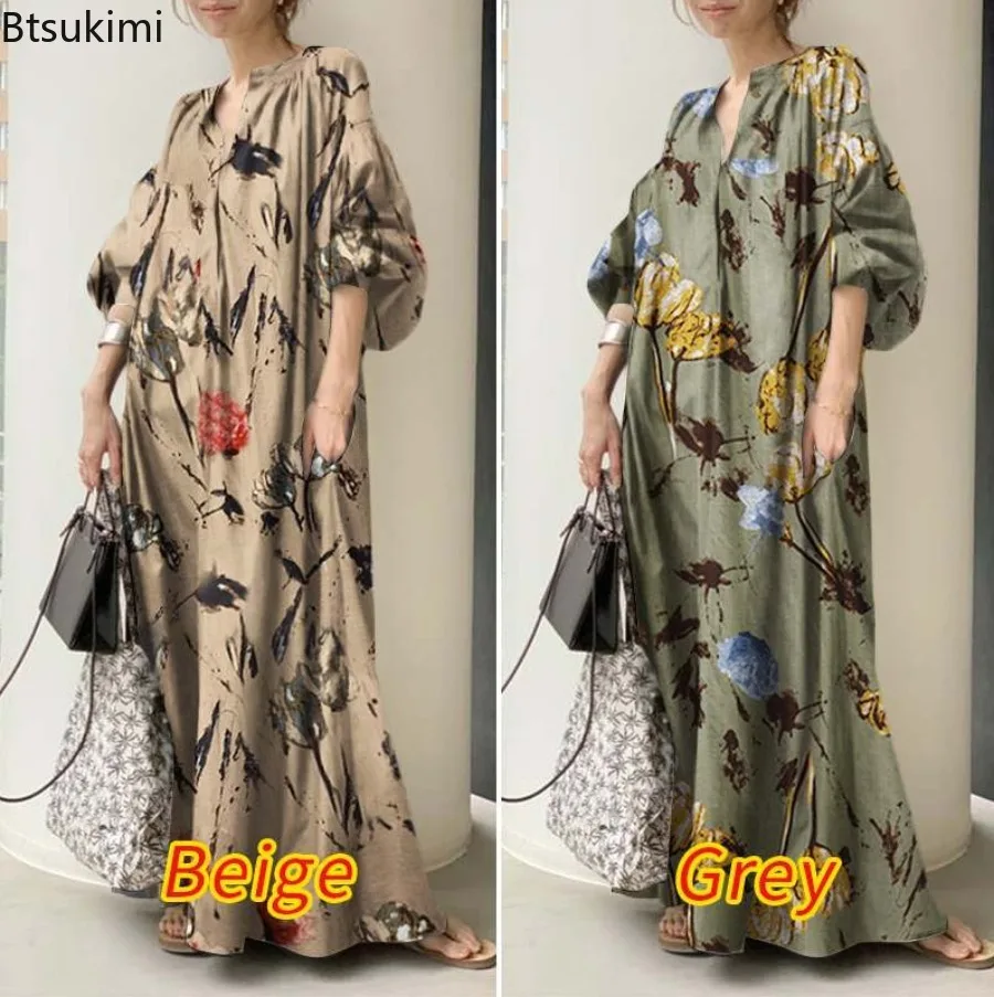 Elegant Women's Maxi Dress Fashion Lantern Sleeve Cotton Linen Long Dresses Vintage Casual Loose Robe Print Beach Vestidos Femme