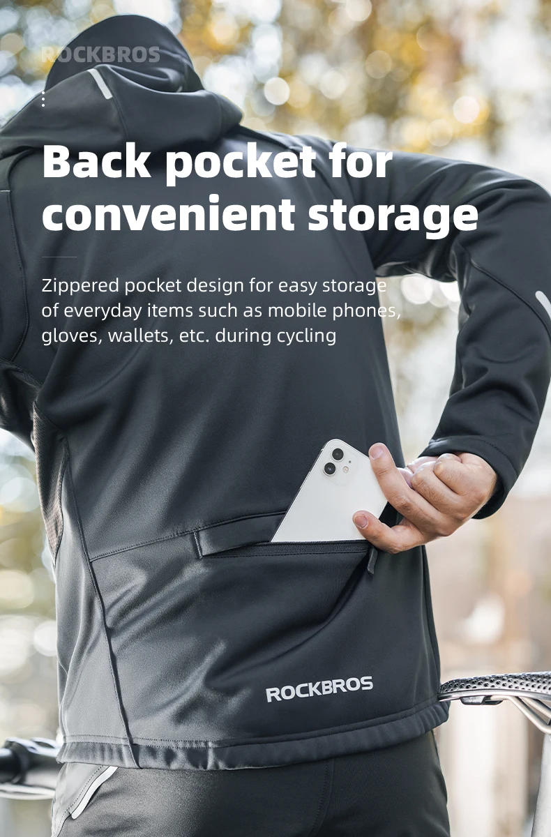 ROCKBROS Winter-Fahrradjacke mit Kapuze, warmes Fleece, thermisch, winddicht, lange Ärmel, Fahrrad-Oberteil, Mantel, Herren-Fahrrad-Windbreaker-Kleidung – Detail 14