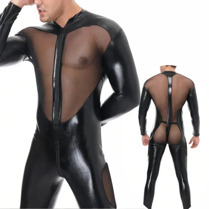 Bodysuits de couro erótico com zíper masculino, roupa de boate, macacão sexy de mangas compridas, macacão calça longa