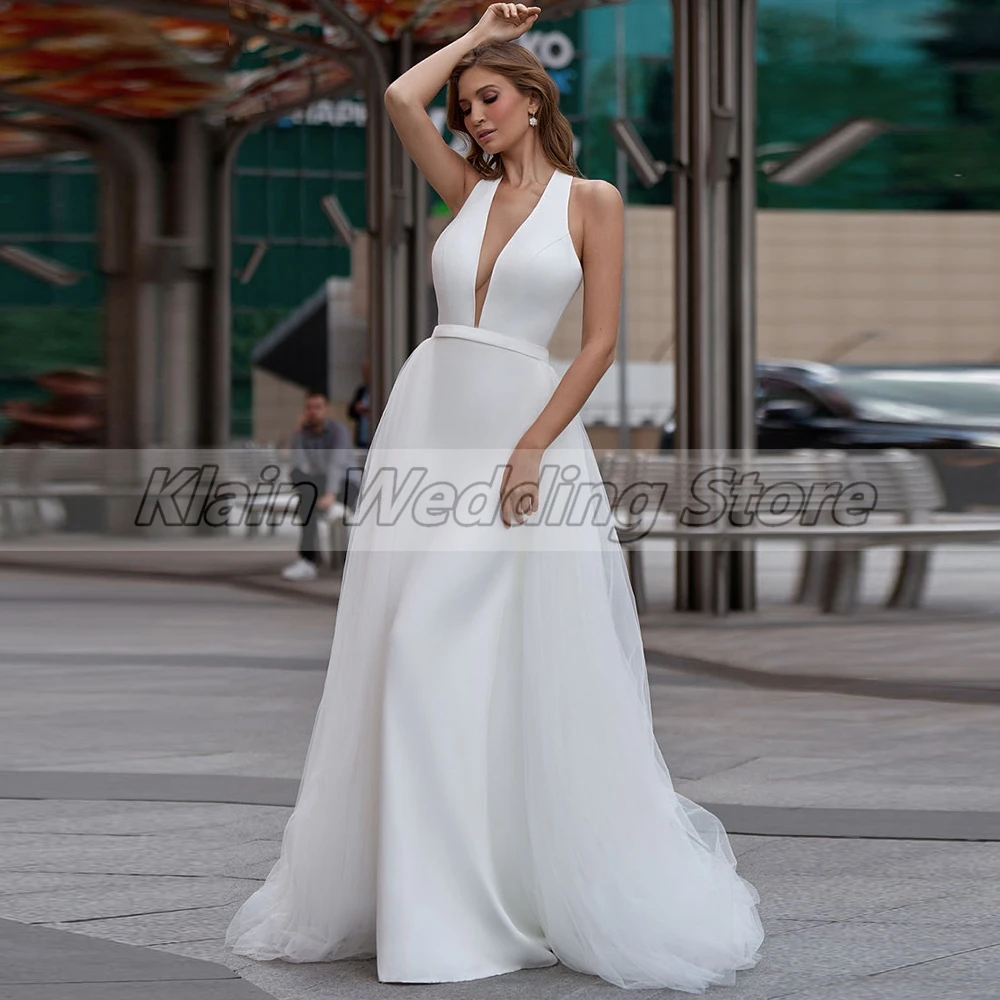 Weilinsha Mermaid Wedding Dress with Detachable Train Sexy Deep V Neck Jersey Brides Bridal Gown with Backless Vestido De Novia