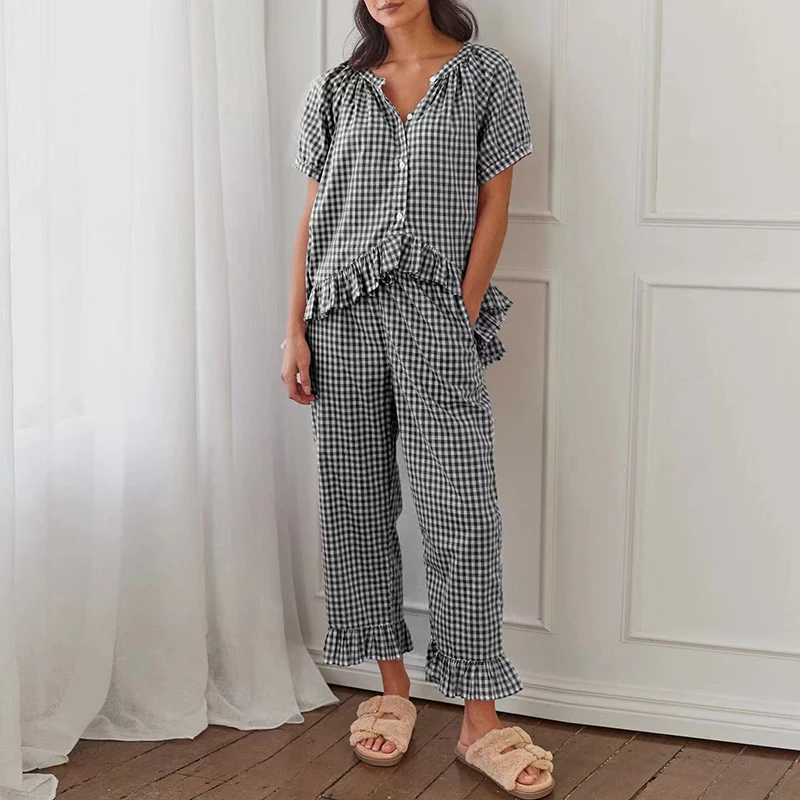 Spring Plaid Print Homewear Women Set Sexy Low Collar Button Ruffle Shirt Top Long Pants Outfit Summer Short Sleeve Leisure Suit