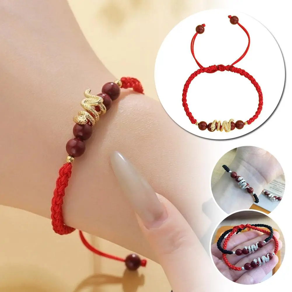 Snake Shape Handmade Rope Chain Woven Braided Bracelets For Women Men Couple Cinnabar Bangle Valentine's Day Gift