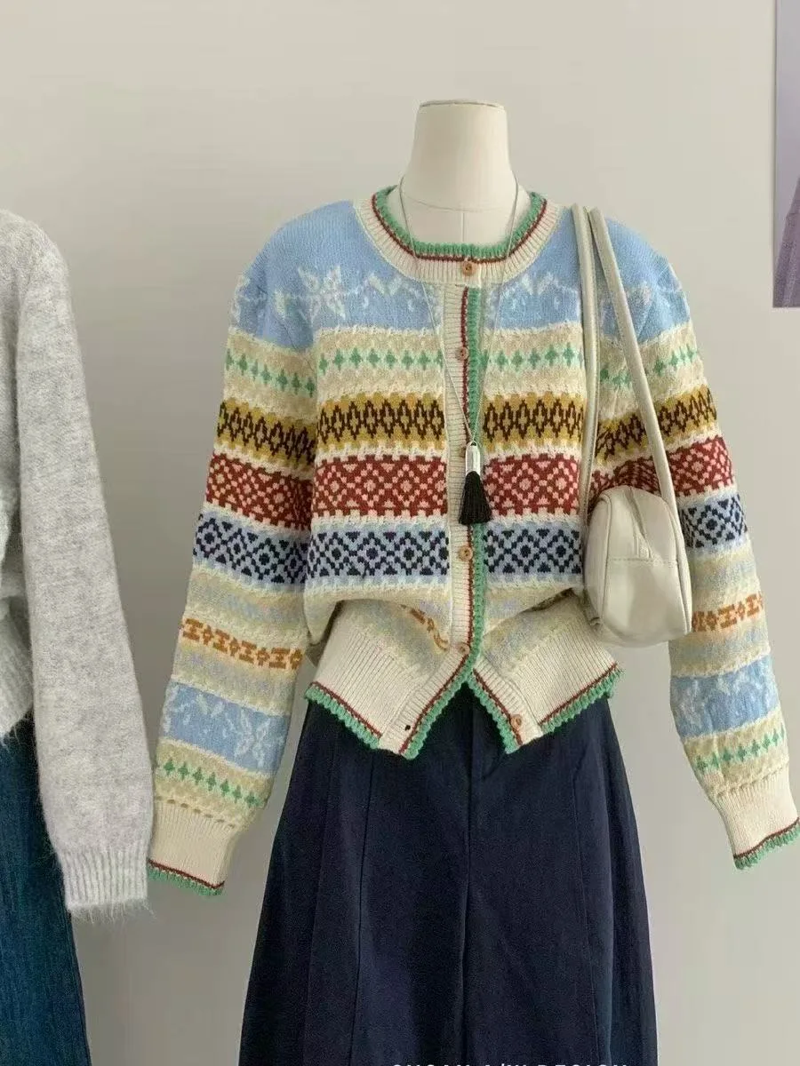 

Retro Ethnic Color Blo Long Sve Knitted Cardigan Sweet oulder Length Soft Korean Sle Commute Warm Thiened Girls Sw...