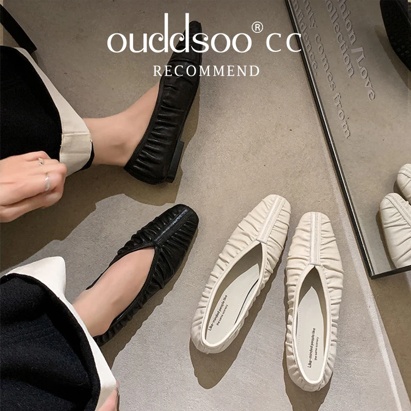 

Ods Women Solid Color Shallow Mouth Pumps Pointed Toe Genuine Leather Kitten Heel Single Shoes Summer Wrinkle Design Office